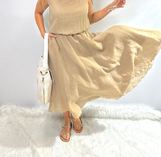 Breezy Summer Skirt in Tan Lightweight Gauze feel, comfortable long boho style skirt, perfect for transitional seasons or summer.&nbsp;