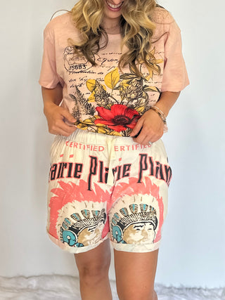 Jaded Gypsy Local Fair Prairie shorts with vintage graphic design, soft cotton fabric, and relaxed boho fit