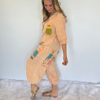 Jaded Gypsy Prairie Ember patchwork cotton jumpsuit with relaxed boho fit, wide-leg silhouette, and vintage-inspired design
