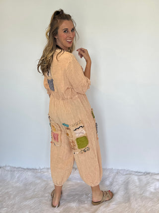 Jaded Gypsy Prairie Ember patchwork cotton jumpsuit with relaxed boho fit, wide-leg silhouette, and vintage-inspired design
