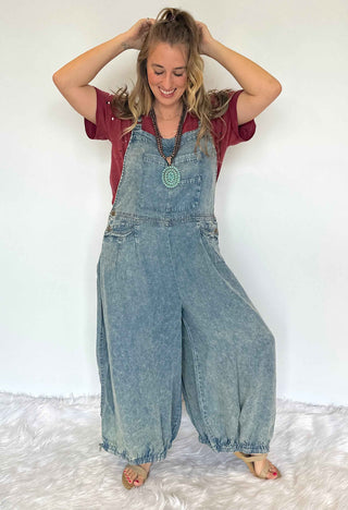 Jaded Gypsy Rise Above denim overalls with relaxed boho fit, wide-leg silhouette, and vintage-inspired wash for effortless free-spirited style