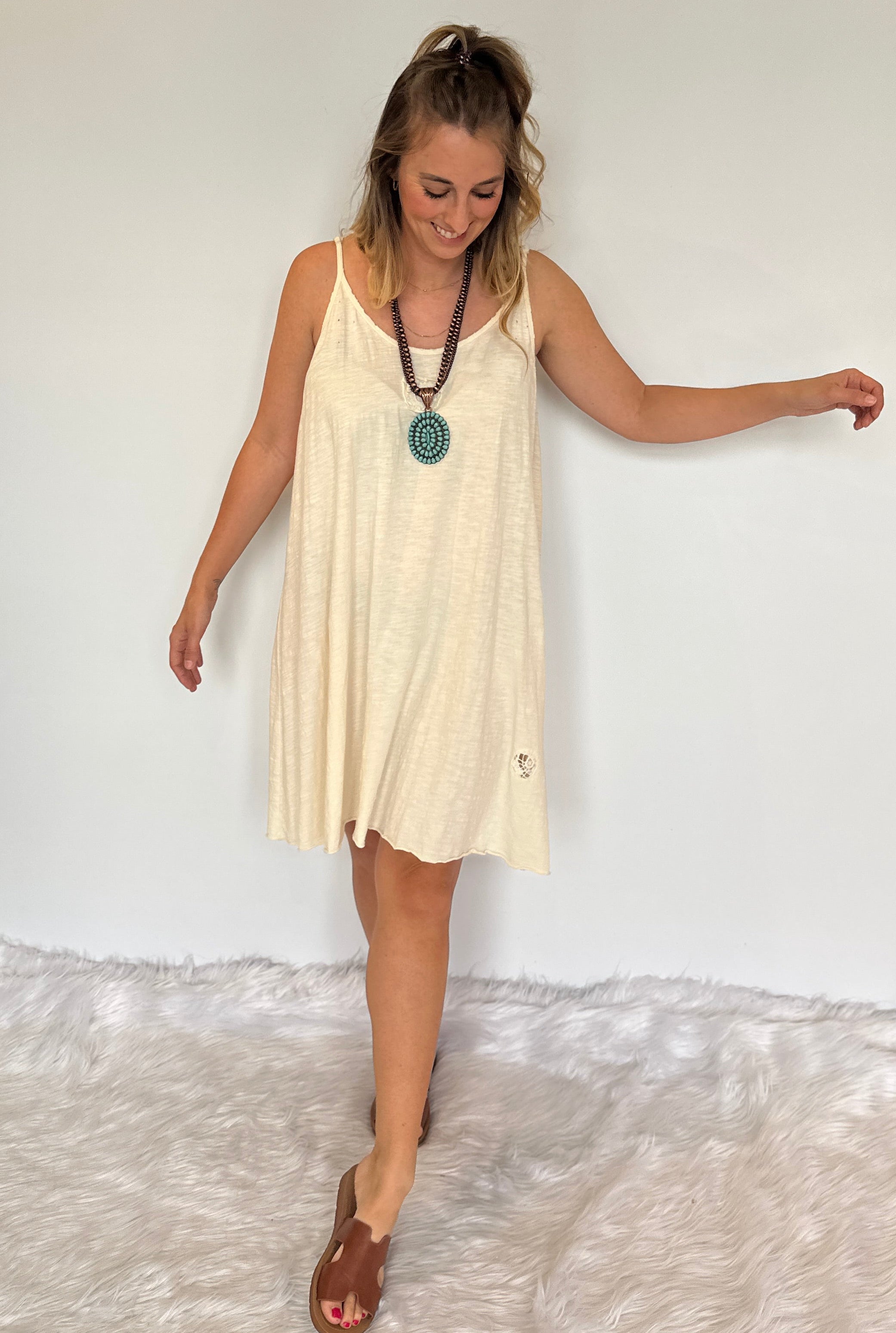 Artisan Cream Boho Cami Dress – Lace Inset & Raw Edge Stretch Cotton