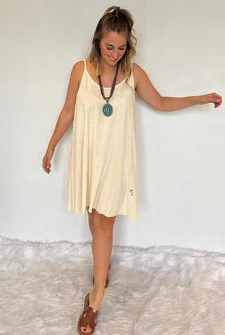 Artisan Cream Boho Cami Dress – Lace Inset & Raw Edge Stretch Cotton