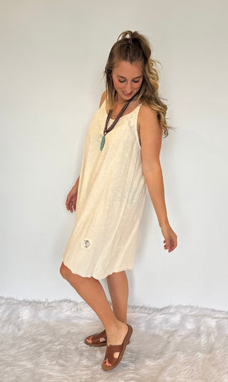 Artisan Cream Boho Cami Dress – Lace Inset & Raw Edge Stretch Cotton