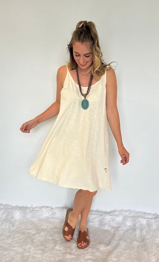 Artisan Cream Boho Cami Dress – Lace Inset & Raw Edge Stretch Cotton