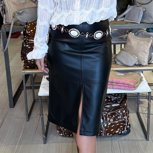 Black Faux leather midi skirt with front slit