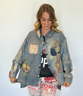 Jaded Gypsy Moon Embroidered Cotton Shirt – Boho Celestial Patchwork Button-Down