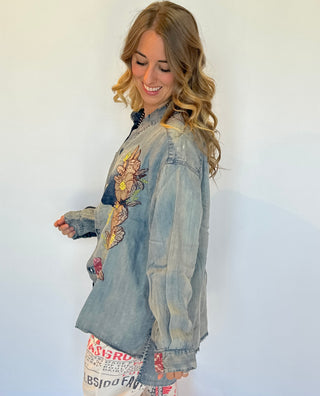 Jaded Gypsy Moon Embroidered Cotton Shirt – Boho Celestial Patchwork Button-Down