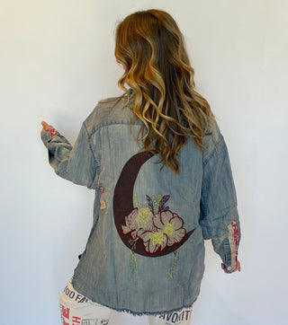Jaded Gypsy Moon Embroidered Cotton Shirt – Boho Celestial Patchwork Button-Down