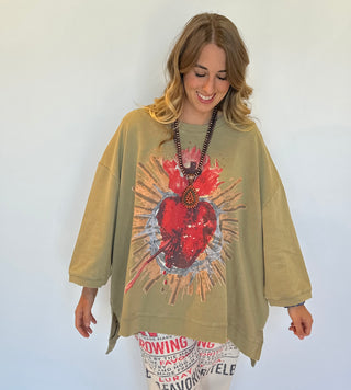 Jaded Gypsy Sacred Heart Oversized Sweatshirt - Olive Green Boho Pullover