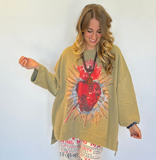 Jaded Gypsy Sacred Heart Oversized Sweatshirt - Olive Green Boho Pullover