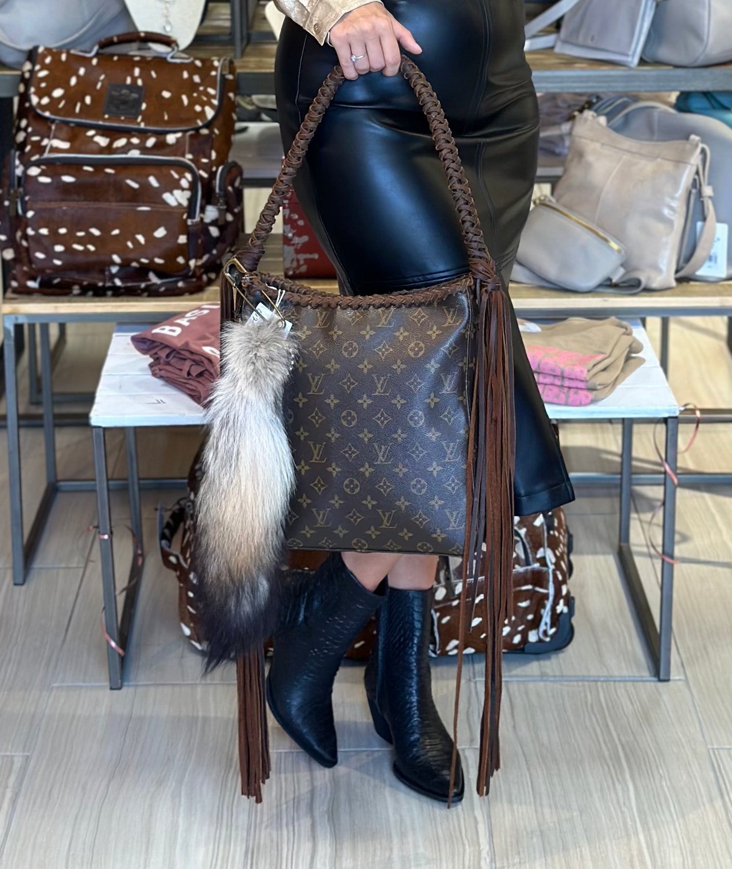 Keep It Gypsy Authentic LV Lavish Revamped Leather Monogram Canvas with Fringe Ornamental Fox Tail Safety Pin