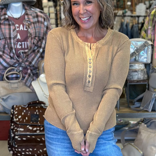 Gold Thermal henley button front with thumbholes