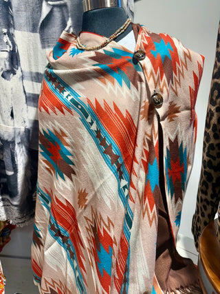 Aztec Western stripe poncho top with side and shoulder button details in cream, beige, turquoise and rust