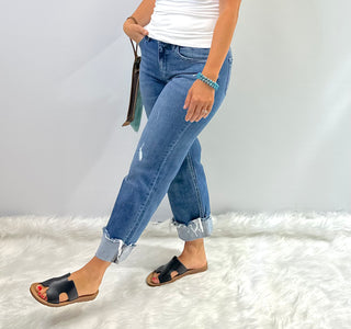 Mid-Rise slim wide-leg jean with a raw cuffed hem, light medium denim wash, relaxed structured fit by Flying Monkey