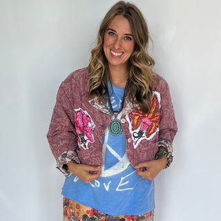 Jaded Gypsy Harvest Moon Reversible Cotton jacket featuring a relaxed, bohemian style silhouette with quilted cotton fabric, patchwork-inspired detailing and earthy harvest toned colors.
