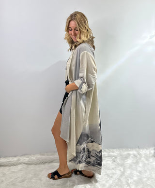 One of a Kind piece, floor length organic linen duster with cream and gray Chief Joseph print, buttoned 3/4 sleeves and side pockets