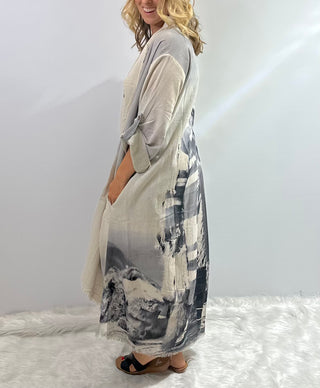One of a Kind piece, floor length organic linen duster with cream and gray Chief Joseph print, buttoned 3/4 sleeves and side pockets