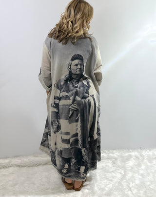 One of a Kind piece, floor length organic linen duster with cream and gray Chief Joseph print, buttoned 3/4 sleeves and side pockets