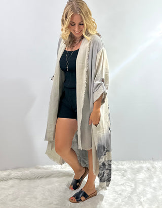 One of a Kind piece, floor length organic linen duster with cream and gray Chief Joseph print, buttoned 3/4 sleeves and side pockets