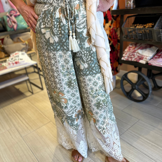 Miss Me Flowering Pants Green and Cream, elastic waistband