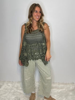 Jaded Gypsy Forever Timeless Olive Crochet Cotton Tank