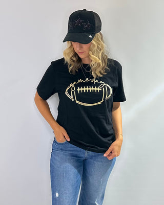 Black graphic t shirt with gold football and cursive game day design, perfect for team spirit and fanwear