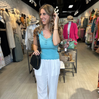 Miss Me Button Ribbed Tank Top in Turquoise - White Lily Boutique