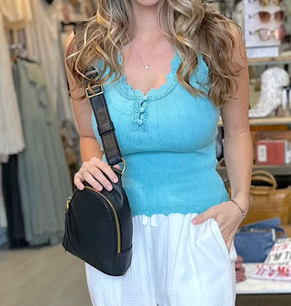 Miss Me Button Ribbed Tank Top in Turquoise - White Lily Boutique