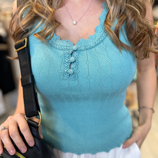 Miss Me Button Ribbed Tank Top in Turquoise - White Lily Boutique