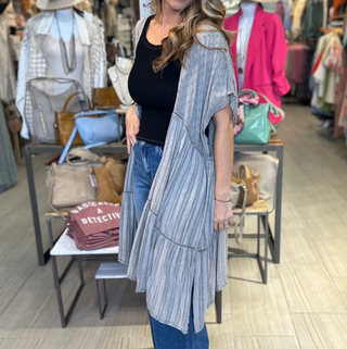 Free Spirit boho duster in soft gray fabric with embroidered detail.