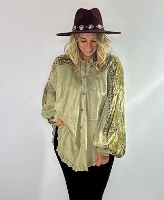 Stone washed moss green blouse with velvet and rayon blend, balloon sleeves, button front, collar and tonal embroidery detail