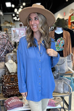 Blue long sleeve cotton button up collar blouse