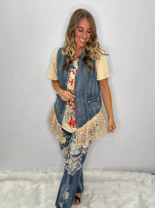 Enchanted Lace-Trimmed Chambray Vest | Artisanal Denim by Jaded Gypsy
