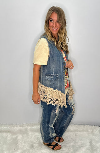 Enchanted Lace-Trimmed Chambray Vest | Artisanal Denim by Jaded Gypsy