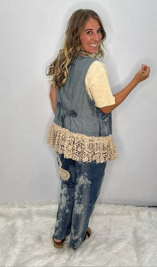 Enchanted Lace-Trimmed Chambray Vest | Artisanal Denim by Jaded Gypsy