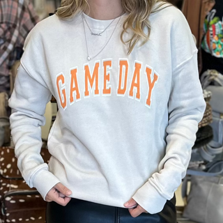 Cream Crewneck sweatshirt with "Game Day" printed in bold orange text across the chest