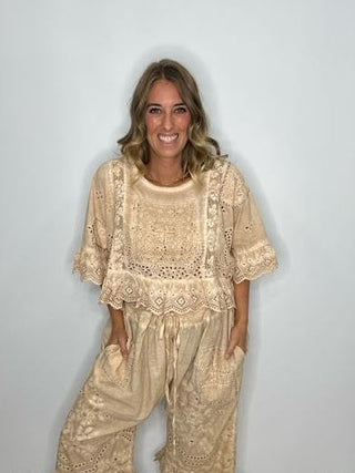 Jaded Gypsy Heirloom Eyelet Cotton Top in Oatmeal