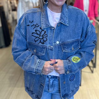 Oversize Dark denim jean jacket with embroidered patch style happy faces