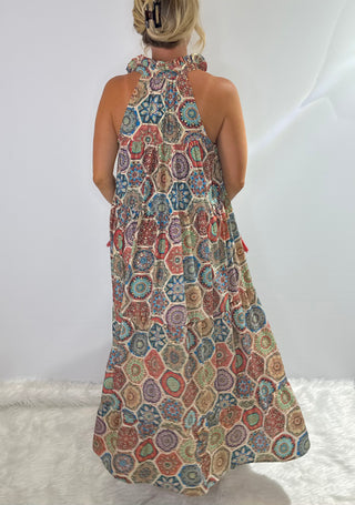 Women's Halter neck tiered maxi dress with flowing paisley pattern in a boho inspired silhouette