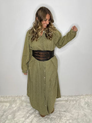 Jaded Gypsy Sweet Nothings Maxi: Artisanal Olive Dot Shirt Dress