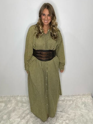 Jaded Gypsy Sweet Nothings Maxi: Artisanal Olive Dot Shirt Dress