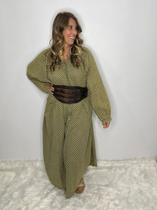 Jaded Gypsy Sweet Nothings Maxi: Artisanal Olive Dot Shirt Dress