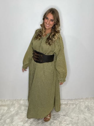 Jaded Gypsy Sweet Nothings Maxi: Artisanal Olive Dot Shirt Dress