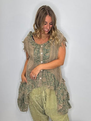 Jaded Gypsy HONEYDEW Artisanal Floral Patchwork RUFFLE TANK