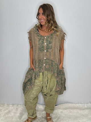 Jaded Gypsy HONEYDEW Artisanal Floral Patchwork RUFFLE TANK