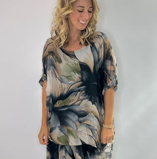 Smoky Magnolia Silk Blouse with Layered short sleeves, scoop neckline and tie back closure in a one size oversized fit