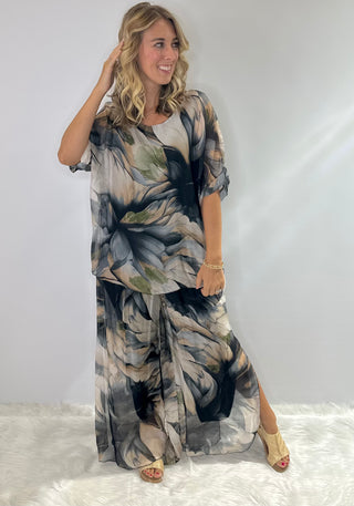 Smoky Magnolia Silk Blouse with Layered short sleeves, scoop neckline and tie back closure in a one size oversized fit