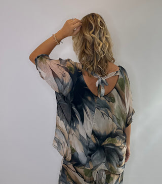 Smoky Magnolia Silk Blouse with Layered short sleeves, scoop neckline and tie back closure in a one size oversized fit