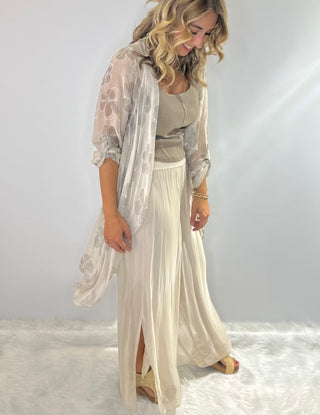 Sheer floral silk duster in beige and taupe with 3/4 length button up sleeves 